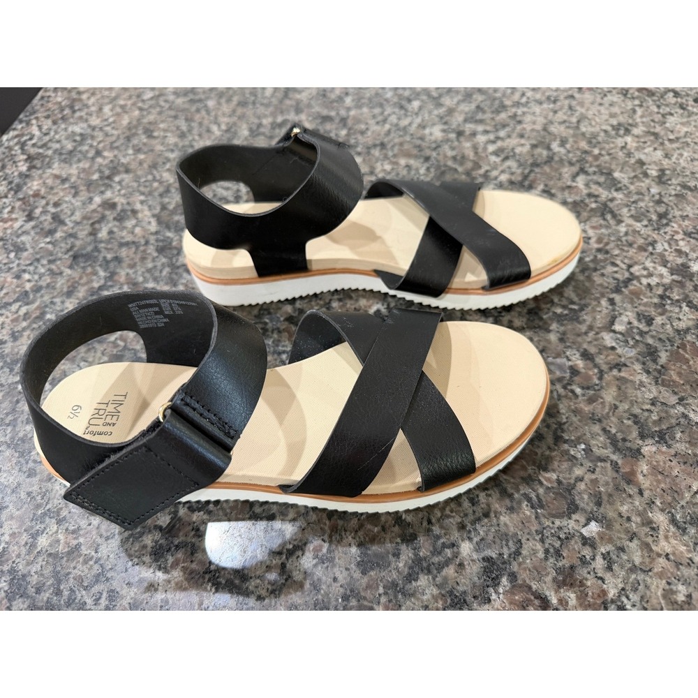 Time and Tru Comfort Black Crisscross Ankle Strap Sandals Womens 6.5 S24 - Picture 1 of 5